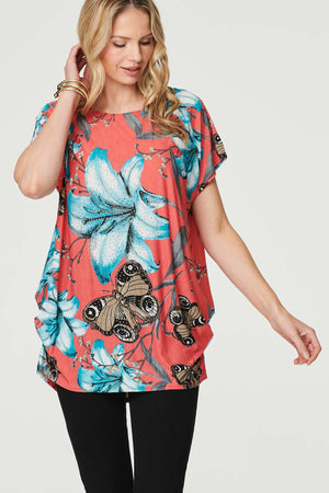 Coral| Floral Butterfly Print T-Shirt