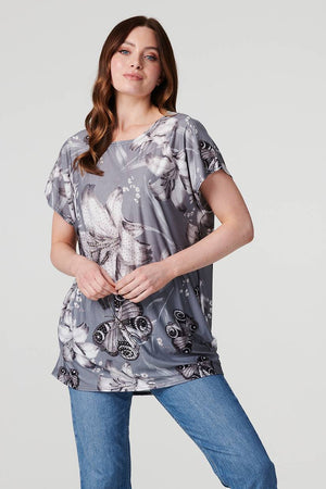 Grey| Floral Butterfly Print T-Shirt