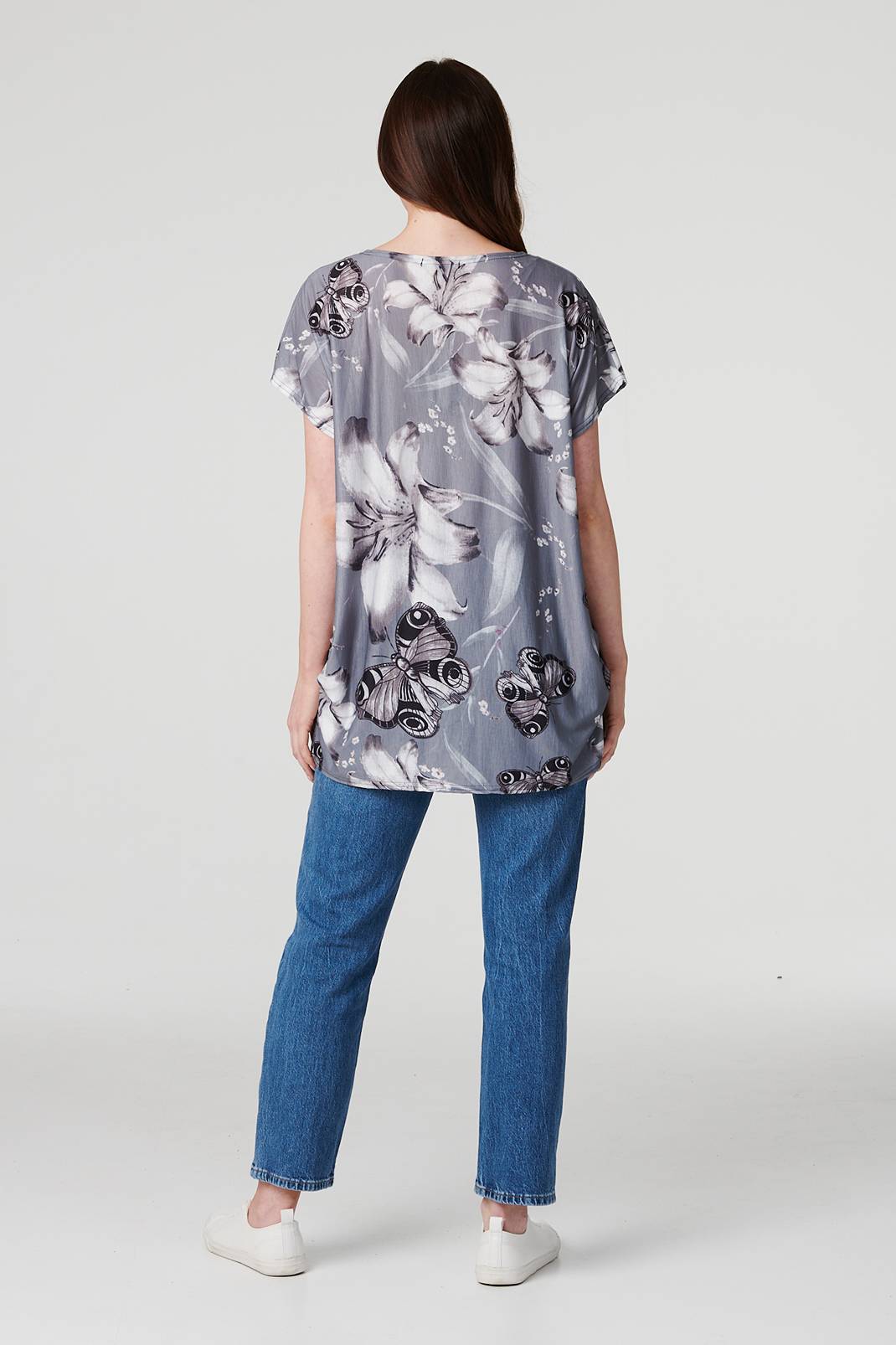 Grey| Floral Butterfly Print T-Shirt
