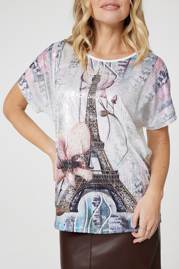 White | Metallic Eiffel Tower Logo Top