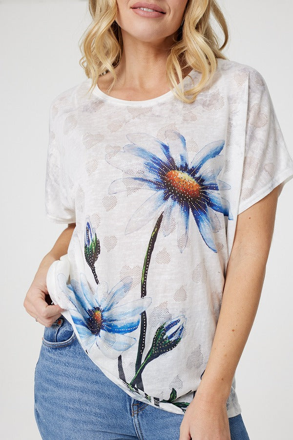 White | Embellished Daisy Print T-Shirt