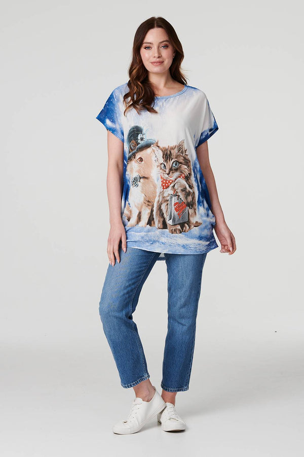 Blue | Embellished Kitten Print Top