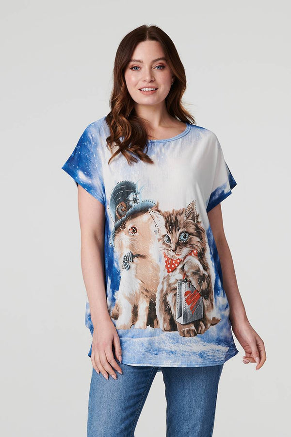 Blue | Embellished Kitten Print Top