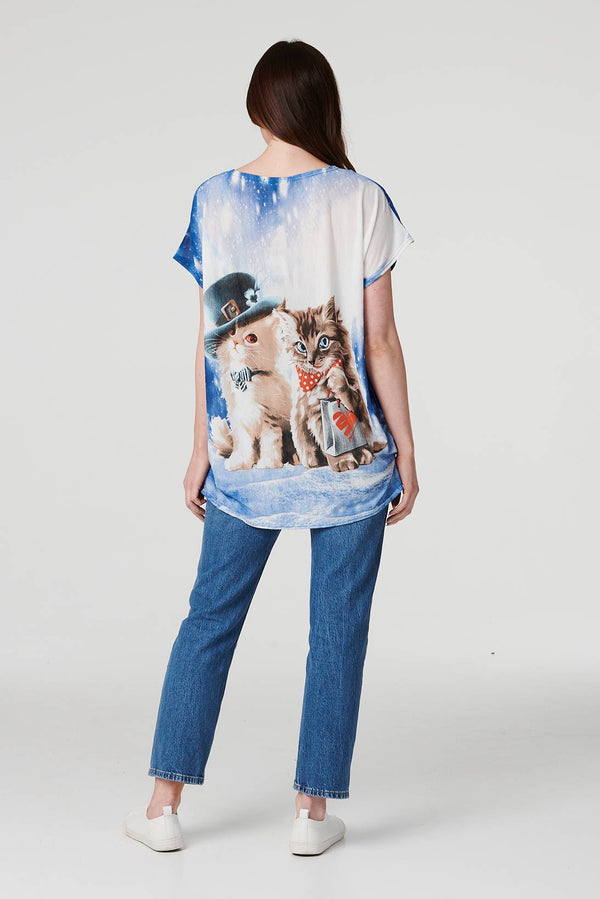 Blue | Embellished Kitten Print Top