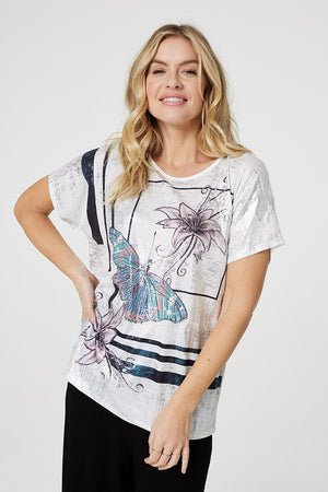White | Embellished Butterfly Print Top 