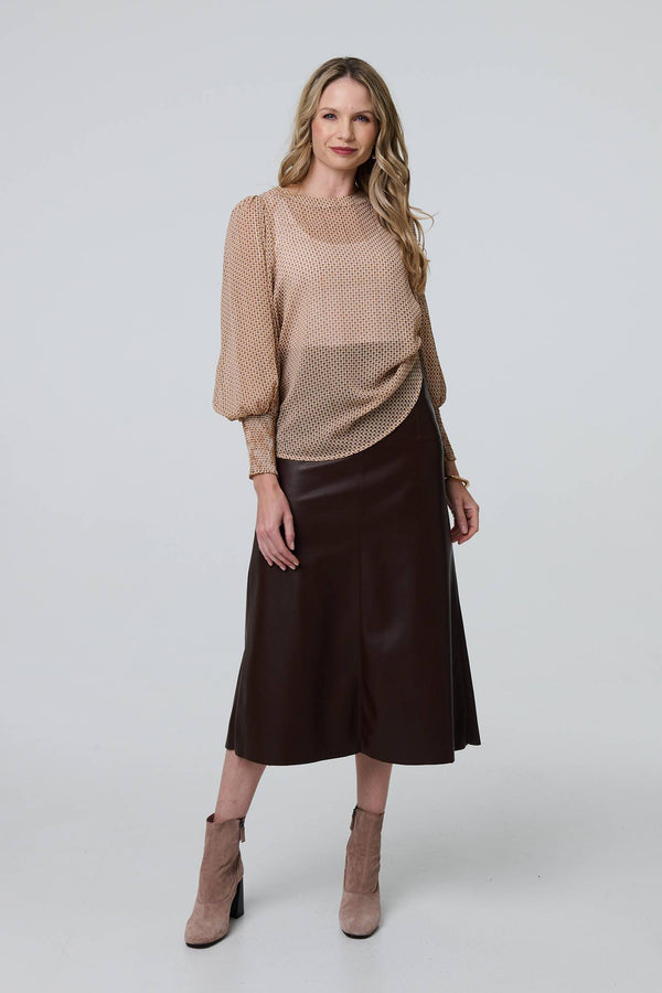 Beige | Mesh Fishnet Long Puff Sleeve Top
