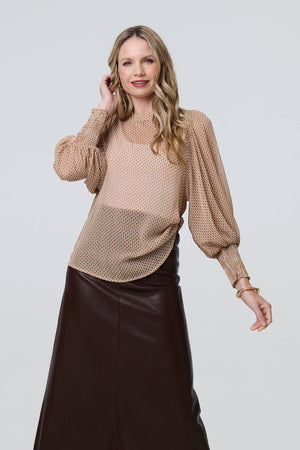 Beige | Mesh Fishnet Long Puff Sleeve Top
