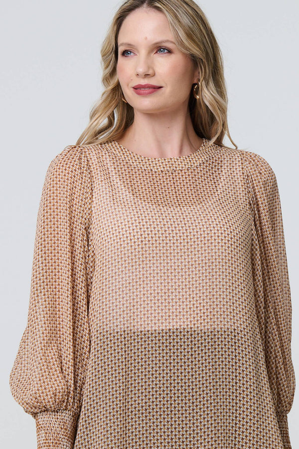 Beige | Mesh Fishnet Long Puff Sleeve Top
