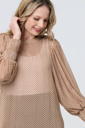 Beige | Mesh Fishnet Long Puff Sleeve Top
