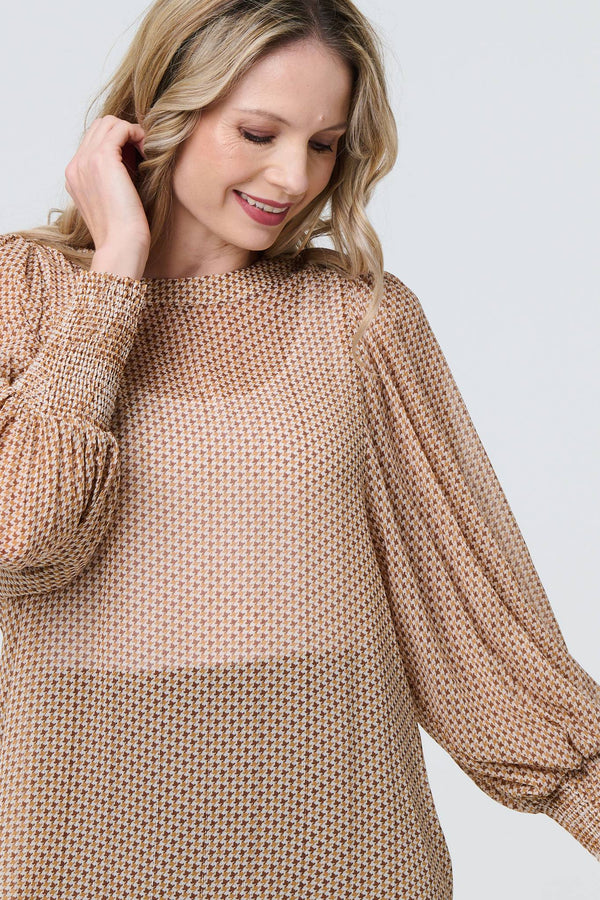 Beige | Mesh Fishnet Long Puff Sleeve Top
