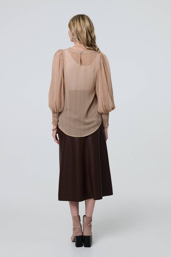 Beige | Mesh Fishnet Long Puff Sleeve Top
