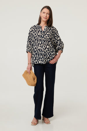 Indigo | Printed 3/4 Sleeve Relaxed V-Neck Shirt