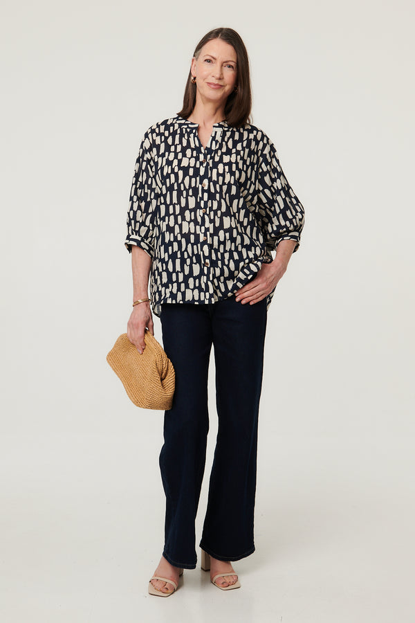 Indigo | Printed 3/4 Sleeve Relaxed V-Neck Shirt