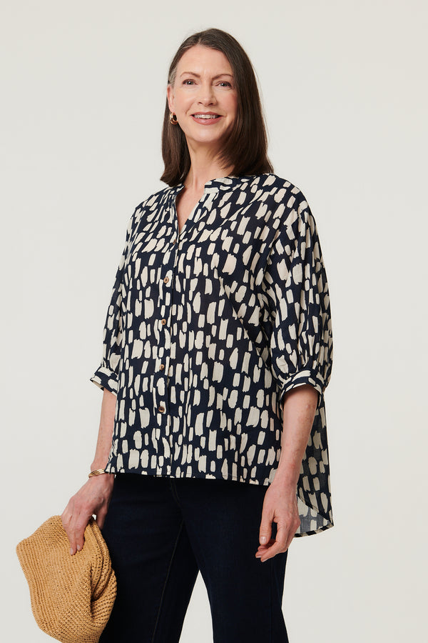 Indigo | Printed 3/4 Sleeve Relaxed V-Neck Shirt