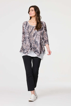 Beige | Animal Print Double Layer Relaxed Tunic Top
