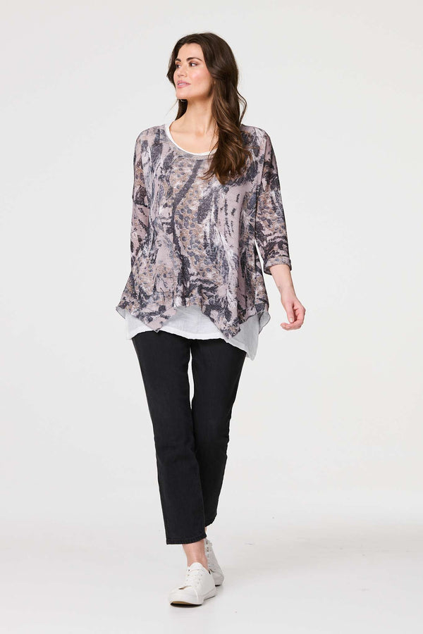 Beige | Animal Print Double Layer Relaxed Tunic Top
