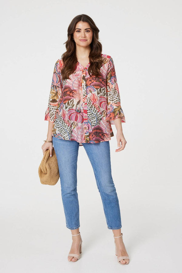 Pink | Floral 3/4 Frill Sleeve Relaxed Blouse
