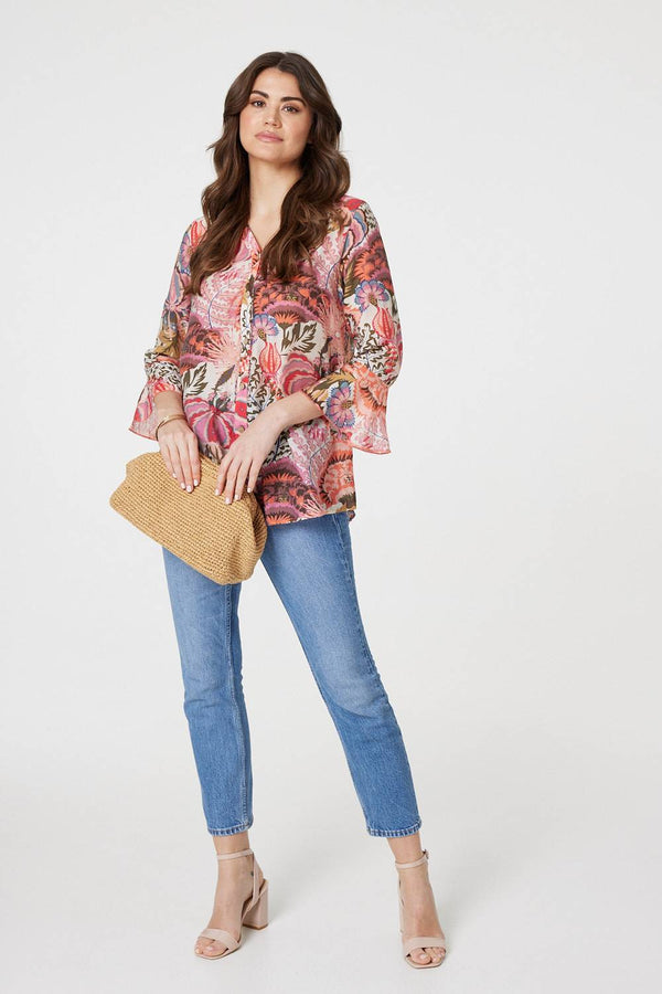 Pink | Floral 3/4 Frill Sleeve Relaxed Blouse
