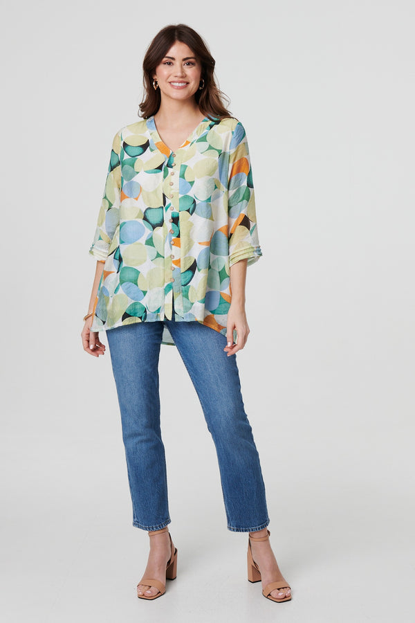 Green | Printed Curved Hem 3/4 Sleeve Blouse
