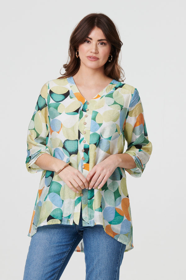 Green | Printed Curved Hem 3/4 Sleeve Blouse
