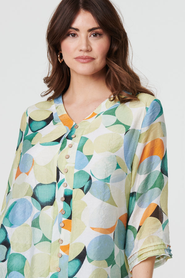 Green | Printed Curved Hem 3/4 Sleeve Blouse
