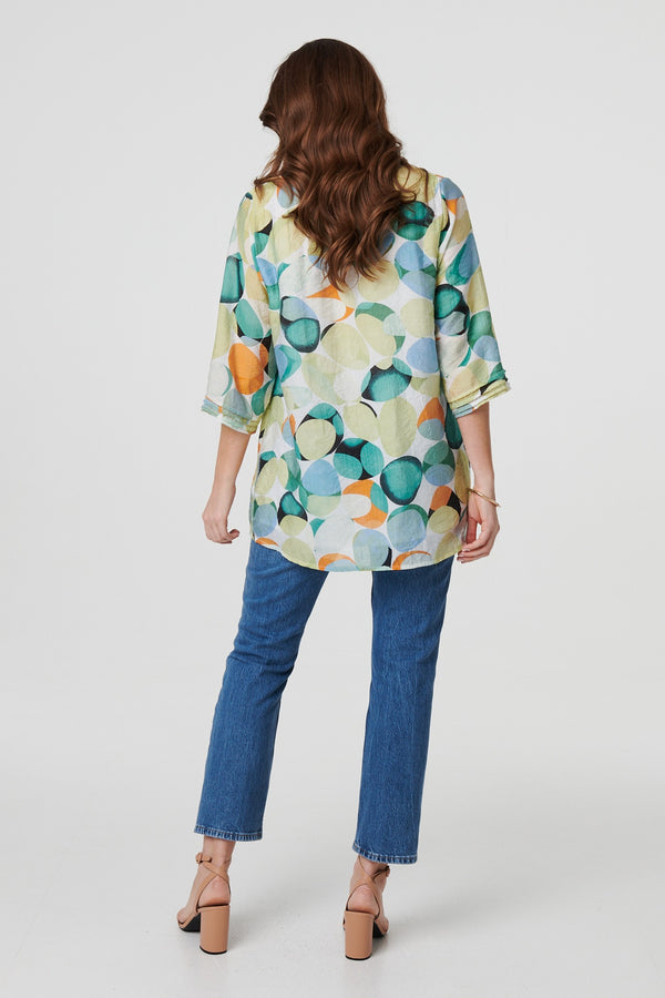 Green | Printed Curved Hem 3/4 Sleeve Blouse
