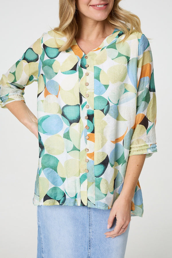 Green | Printed Curved Hem 3/4 Sleeve Blouse
