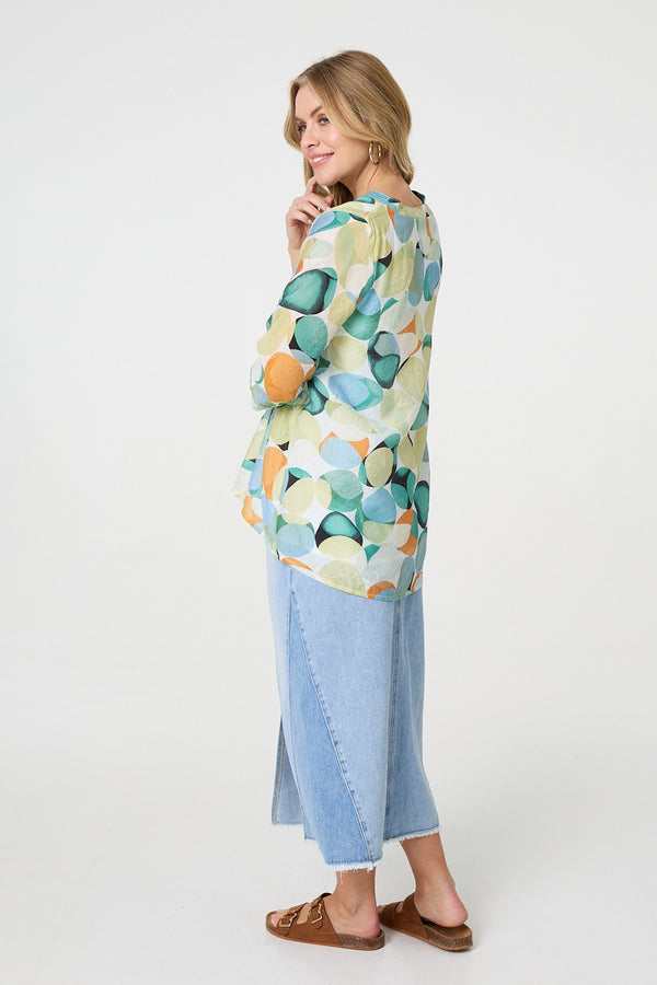 Green | Printed Curved Hem 3/4 Sleeve Blouse
