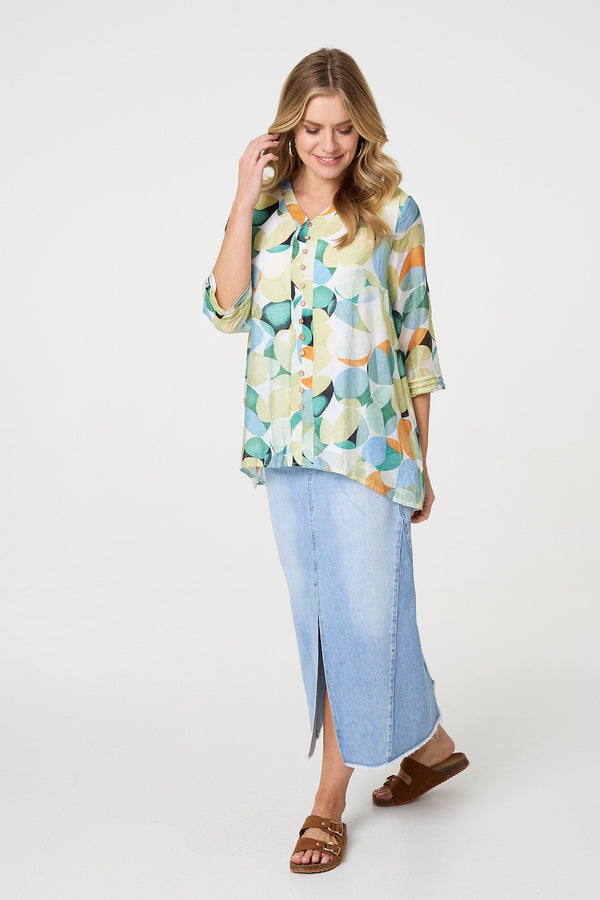 Green | Printed Curved Hem 3/4 Sleeve Blouse
