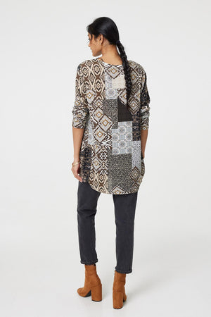 Beige | Patchwork Print Long Sleeve Scoop Neck Tunic
