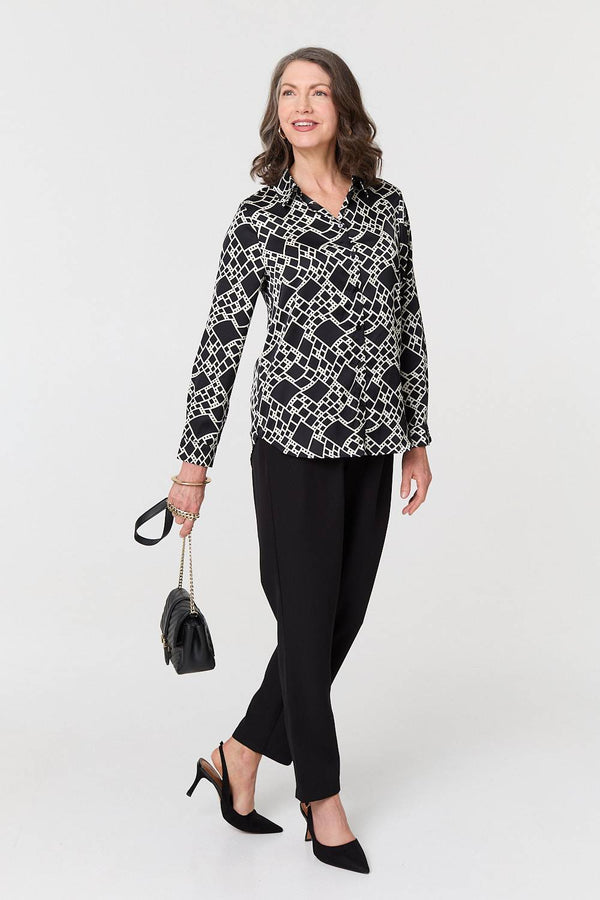 Black | Geo Print V-Neck Long Sleeve Shirt
