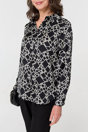 Black | Geo Print V-Neck Long Sleeve Shirt

