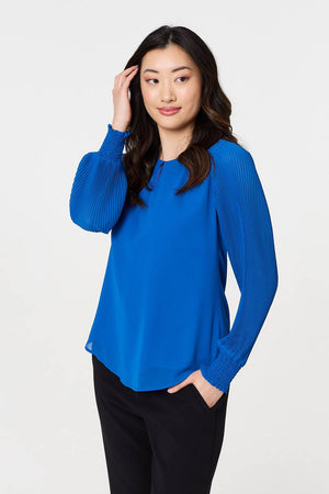 Blue | Keyhole Cut-Out Neck Long Sleeve Blouse

