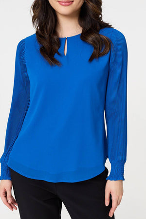 Blue | Keyhole Cut-Out Neck Long Sleeve Blouse
