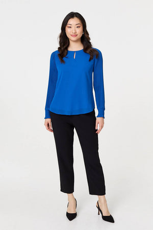 Blue | Keyhole Cut-Out Neck Long Sleeve Blouse
