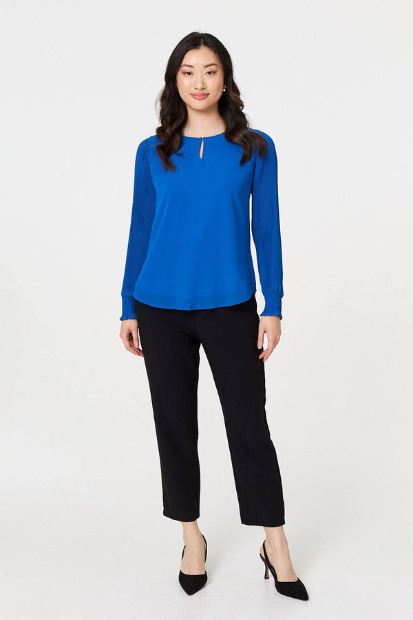 Blue | Keyhole Cut-Out Neck Long Sleeve Blouse
