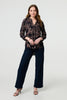 Navy | Leaf Print 3/4 Sleeve Collarless Shirt
