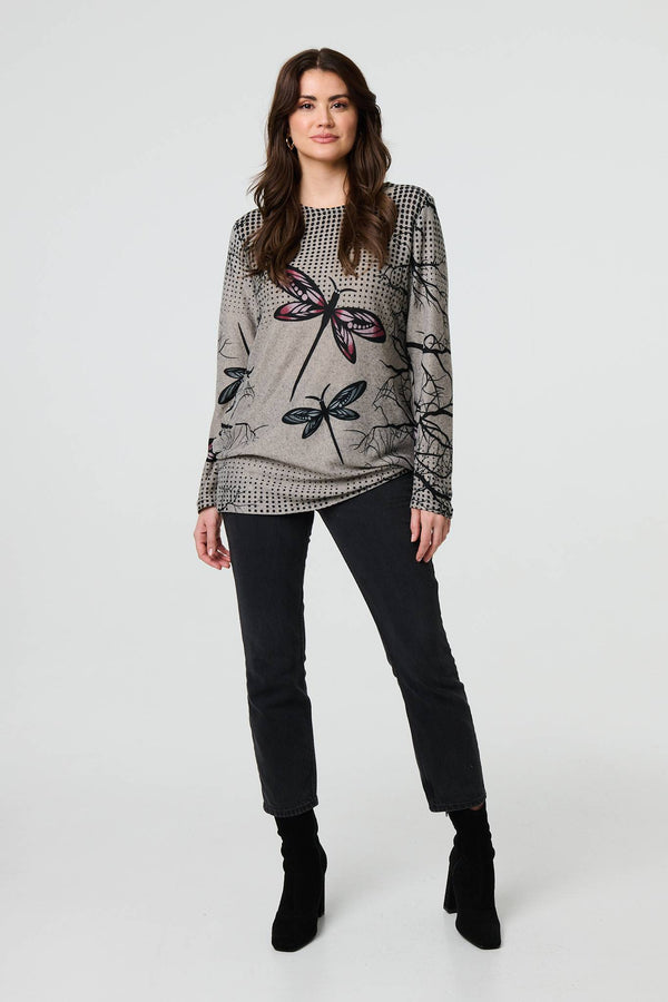 Brown | Dragonfly Print Long Sleeve Tunic Top
