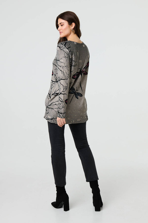Brown | Dragonfly Print Long Sleeve Tunic Top
