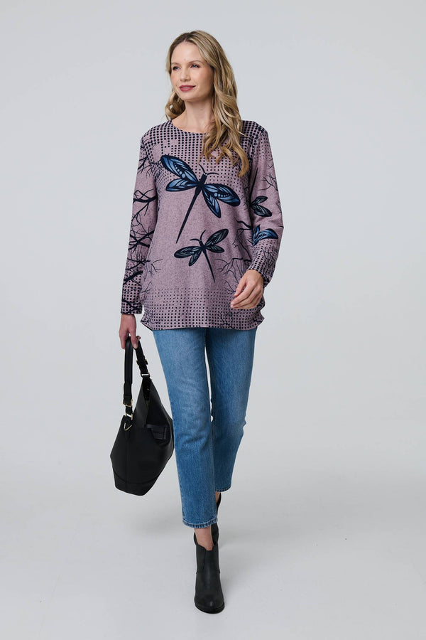 Pink | Dragonfly Print Long Sleeve Tunic Top
