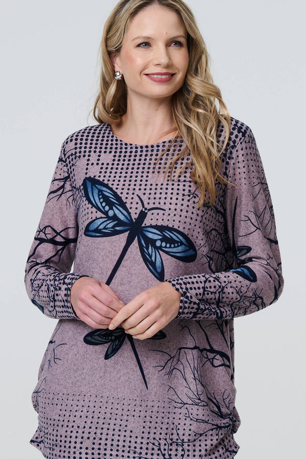 Pink | Dragonfly Print Long Sleeve Tunic Top
