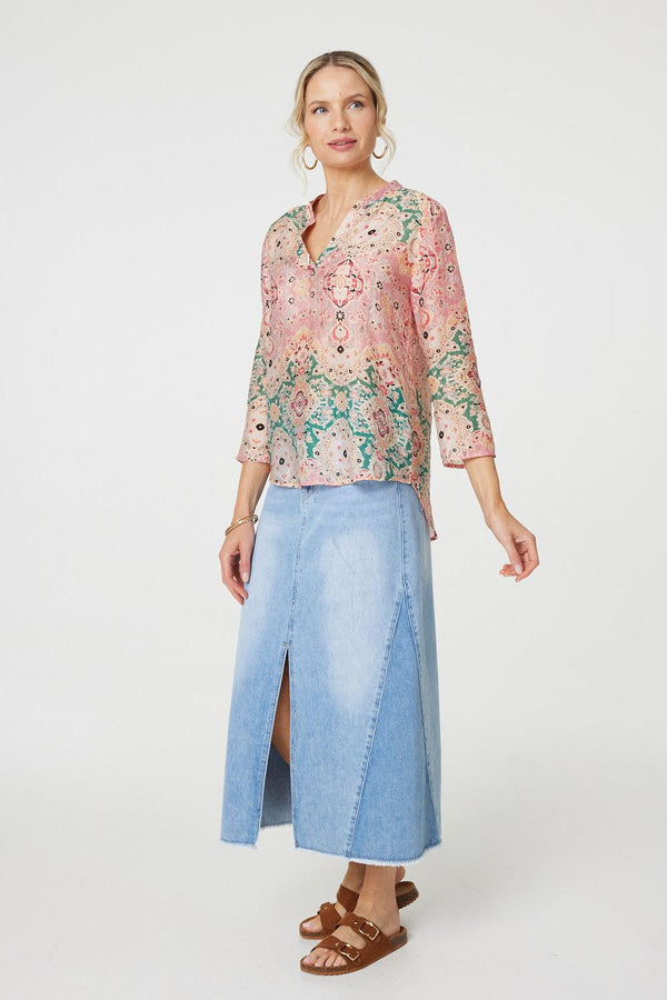 Green | Printed 3/4 Sleeve V-Neck Relaxed Blouse