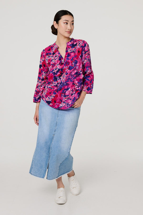 Pink | Floral 3/4 Sleeve Collarless Blouse