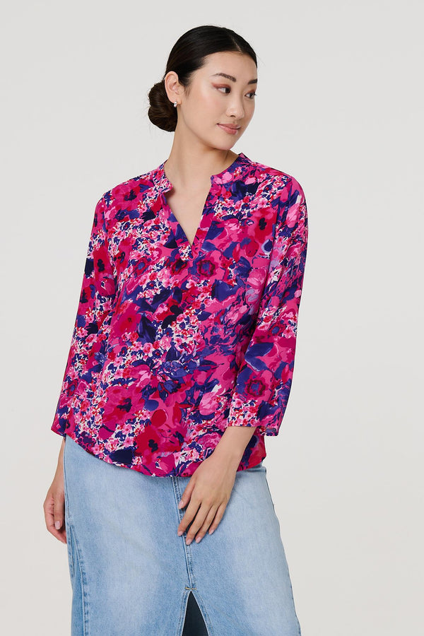 Pink | Floral 3/4 Sleeve Collarless Blouse