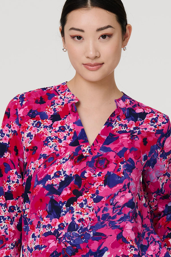 Pink | Floral 3/4 Sleeve Collarless Blouse