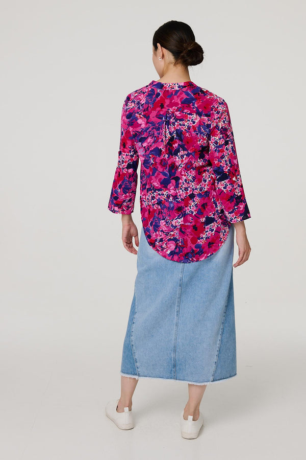 Pink | Floral 3/4 Sleeve Collarless Blouse