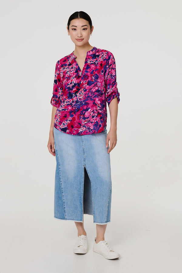 Pink | Floral 3/4 Sleeve Collarless Blouse