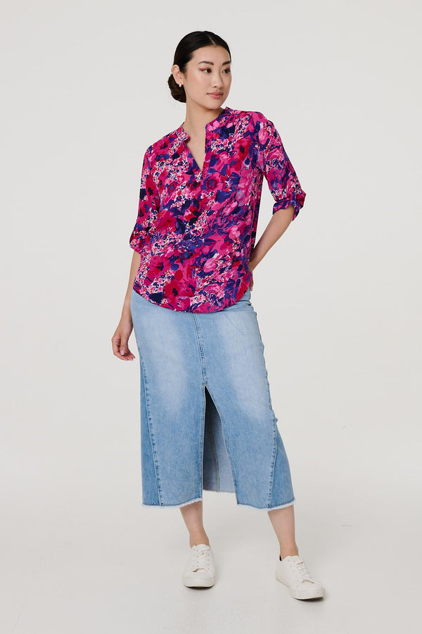 Pink | Floral 3/4 Sleeve Collarless Blouse