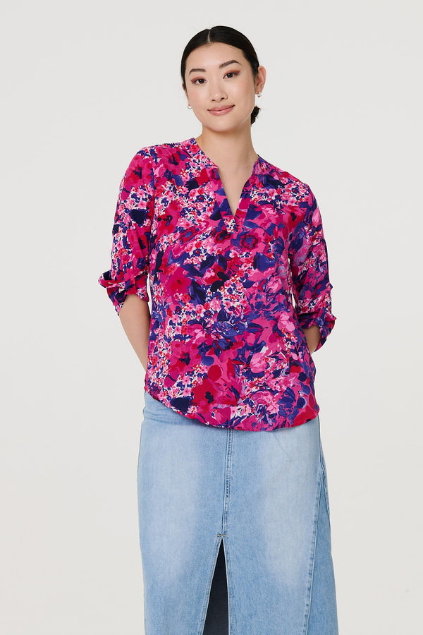 Pink | Floral 3/4 Sleeve Collarless Blouse
