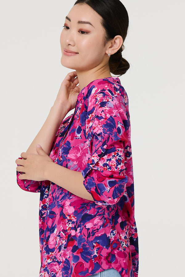 Pink | Floral 3/4 Sleeve Collarless Blouse